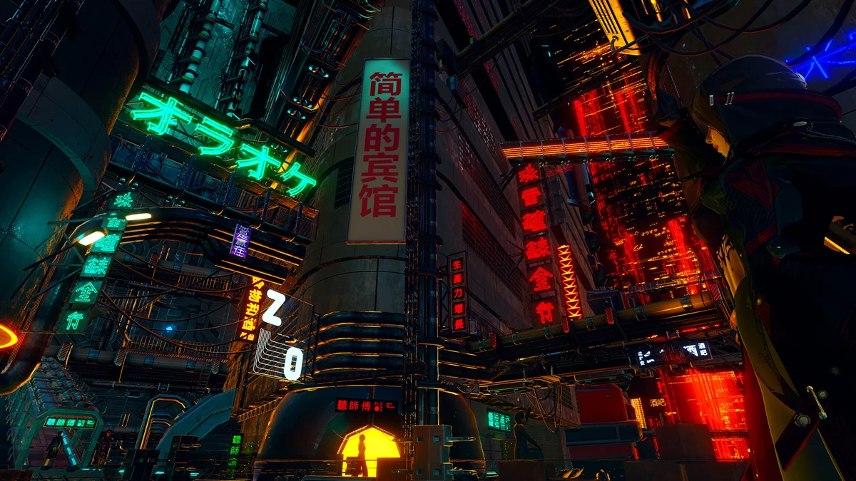 A dense futuristic city street filled with glowing neon signs.