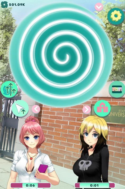 Dois retratos de personagens com barras de contagem regressiva abaixo da espiral e dos controles de produção.