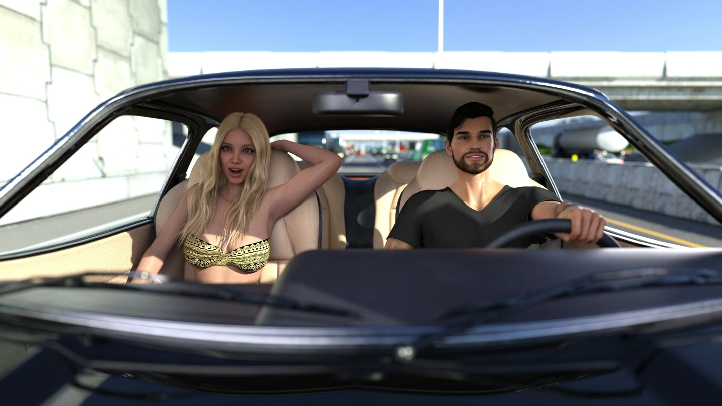 A clothed blonde woman sits beside a bearded driver inside a sports car.