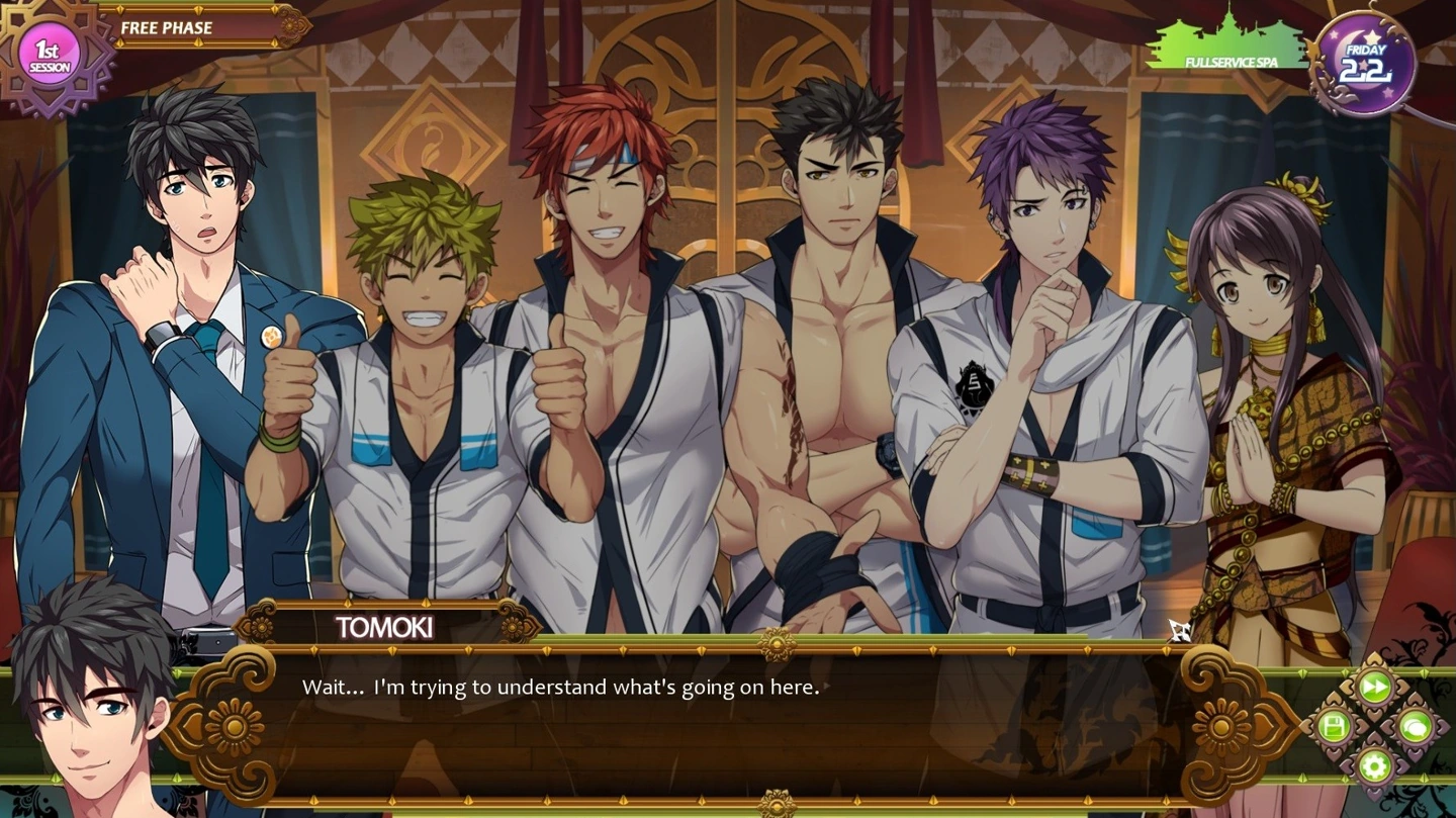 Tomoki et les personnages du spa, habillés, se retrouvent lors d’une conversation illustrée.