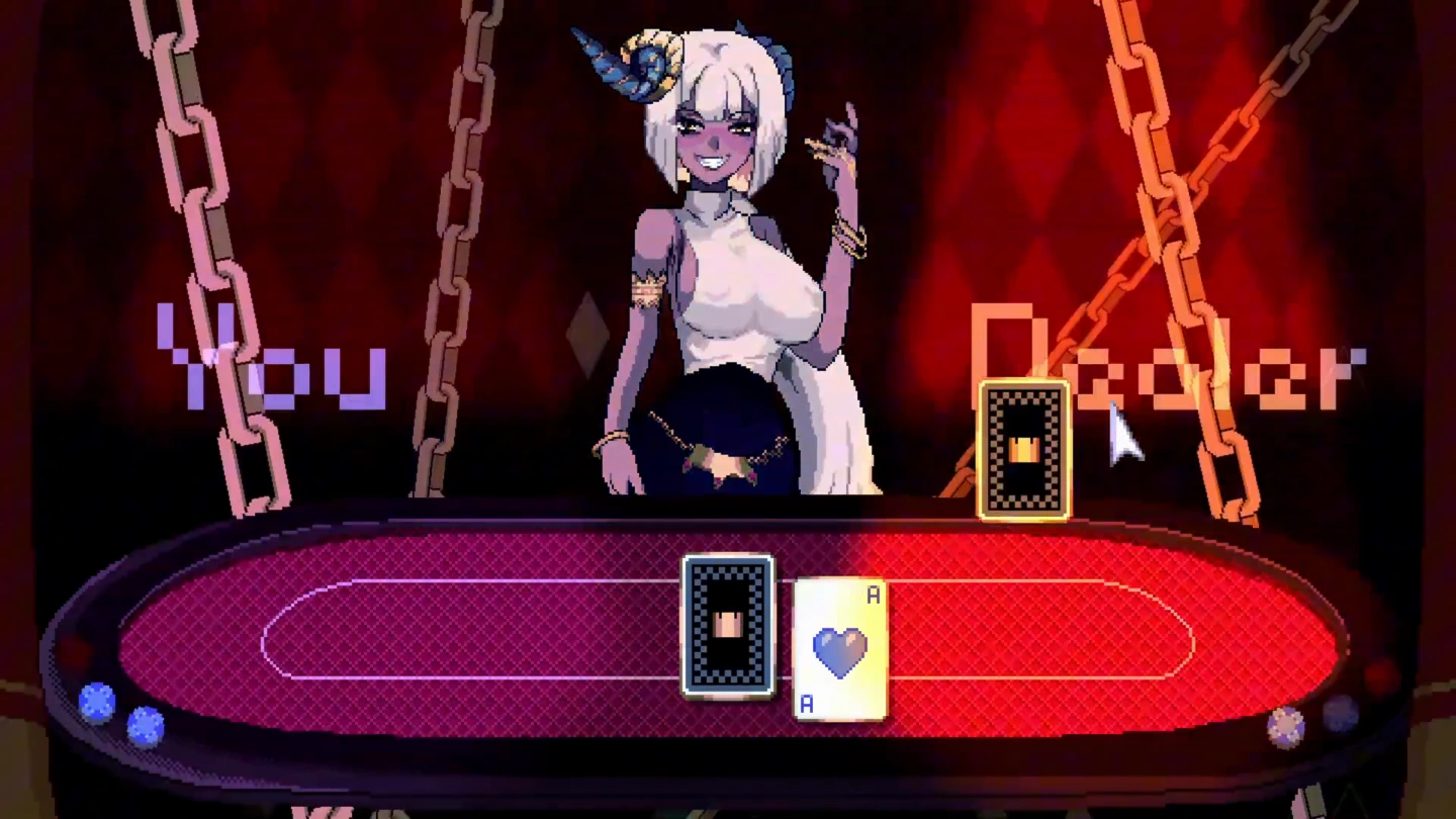 A blonde dealer stands behind a table with a revealed blue-heart card and the words You and Dealer on either side.