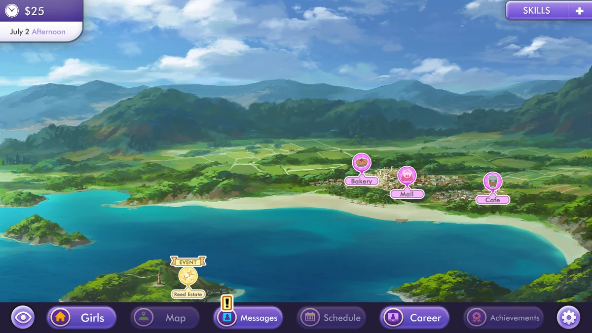 The illustrated resort map shows coastal locations and character markers.