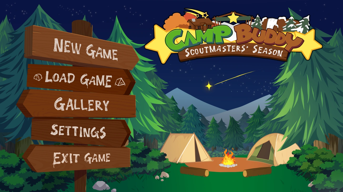 Scoutmaster Season’s main menu shows Load Game and Gallery commands over an empty campsite.