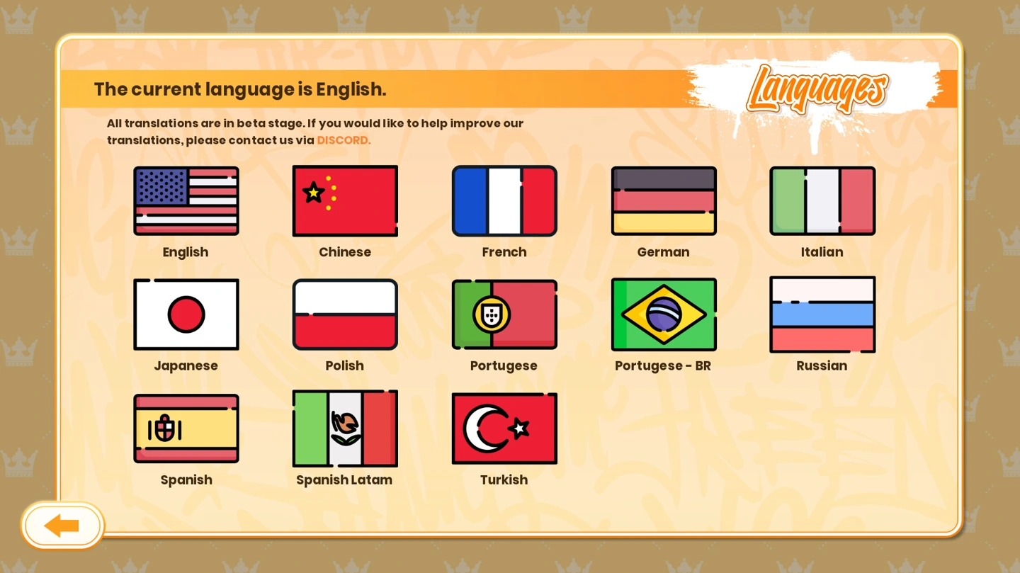 Ein Sprachmenü zeigt dreizehn Flaggen-Schaltflächen, darunter Englisch, und einen Hinweis, dass sich die Übersetzungen in der Beta befinden.
