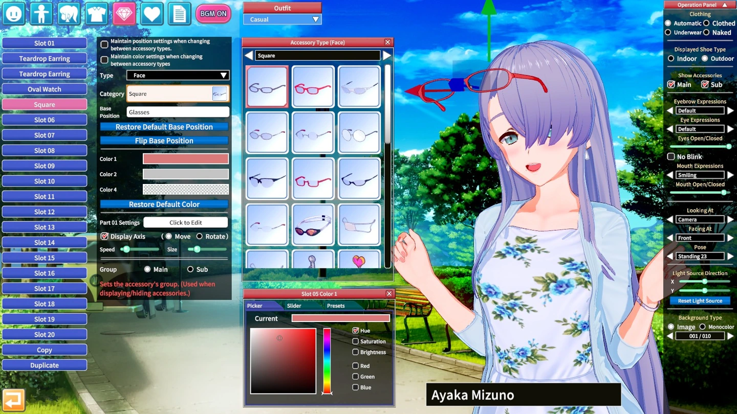 Un personnage aux cheveux lilas, vêtu d’un haut à fleurs et d’un cardigan bleu pâle, se tient à côté des réglages de lunettes, avec des montures rouges placées au-dessus de son front.
