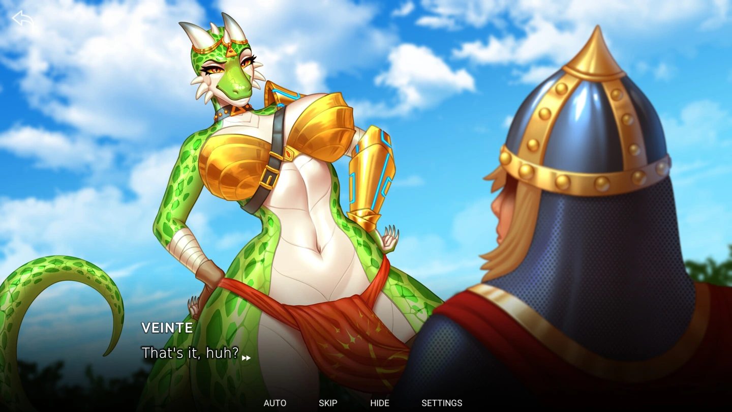 Veinte wears gold armor while addressing a clothed human warrior in an illustrated forest scene.