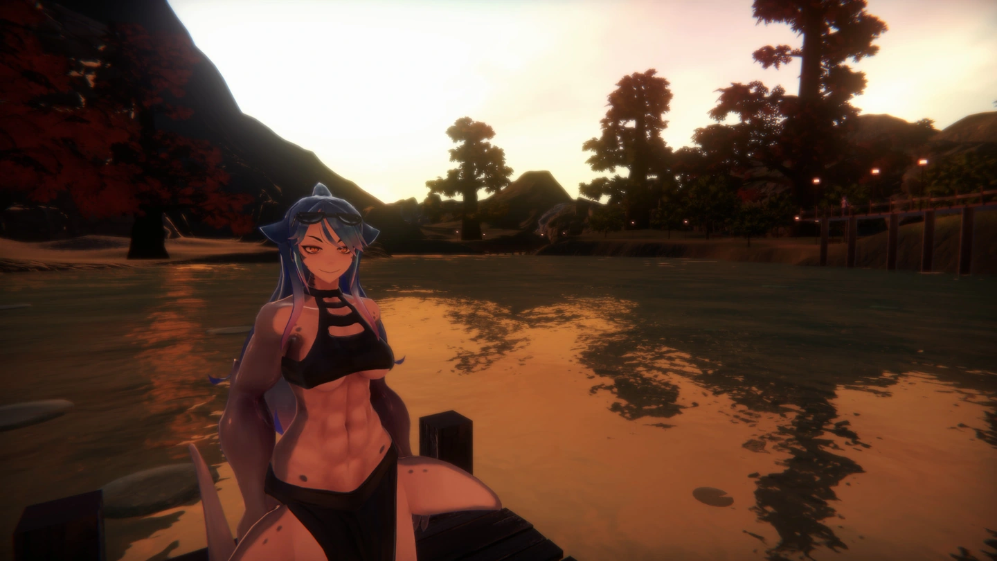 Une femme-requin aux cheveux bleus est assise sur un ponton en bois au bord de l'eau, au coucher du soleil.