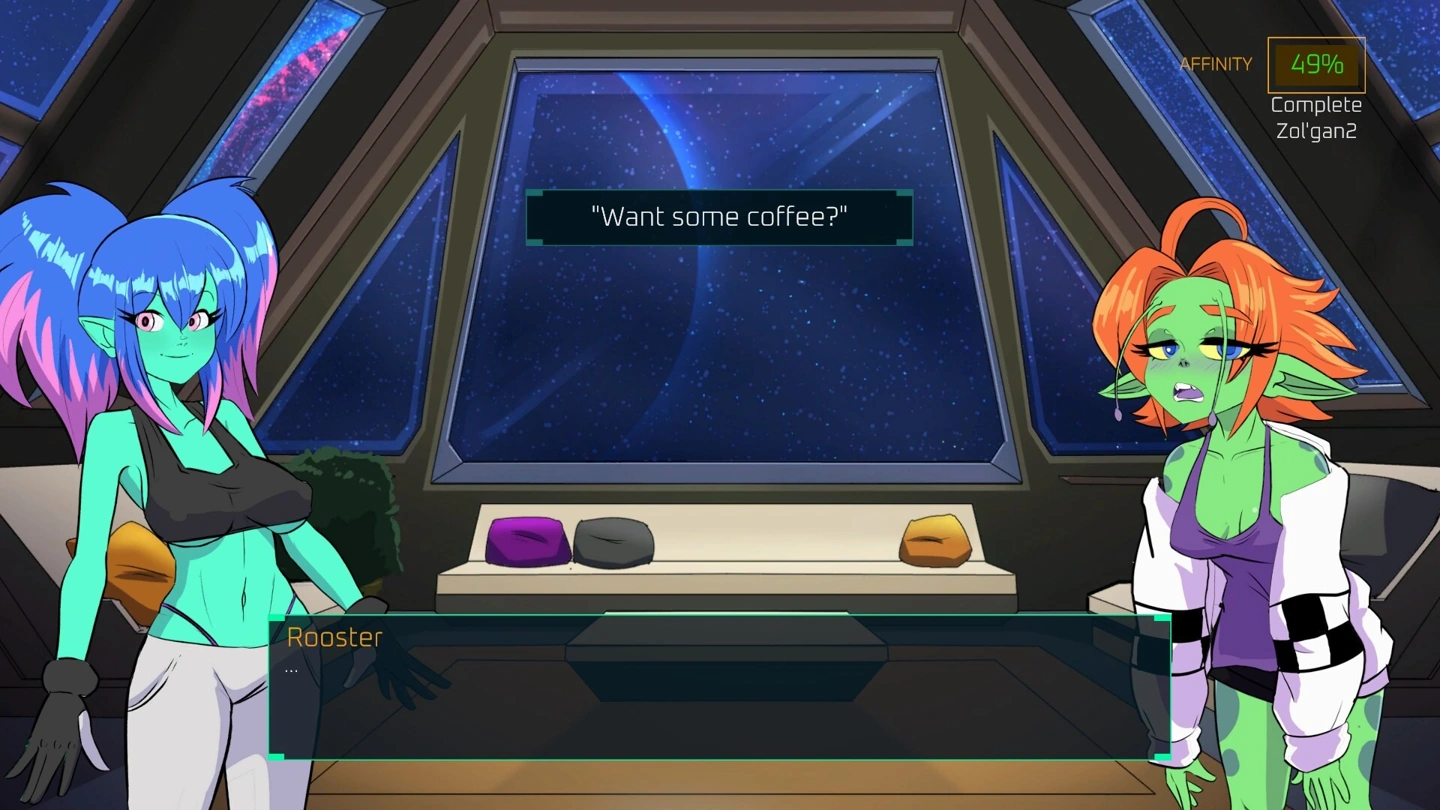 Aether and Rooster in a bridge conversation, with a coffee invitation and 49% affinity.