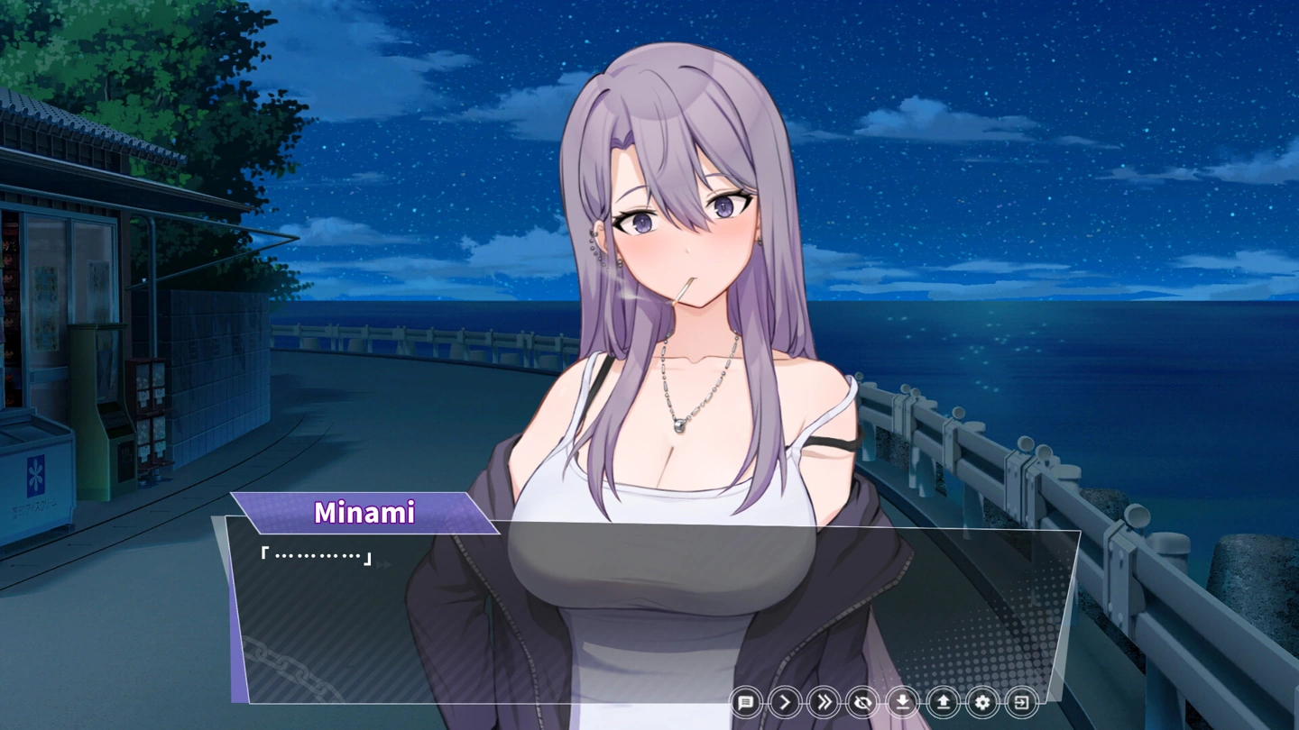 Minami stands on a starry seafront at night, wearing a pale top with a dark jacket slipping from her shoulders.