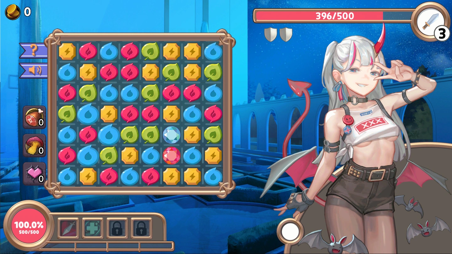 A horned woman in a cropped top and shorts stands beside a match-three board and battle meters.