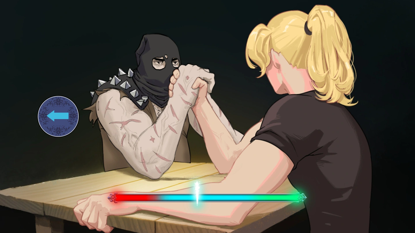 The hunter arm-wrestles a masked scarred opponent beside a left-arrow prompt and a red-to-green timing bar.