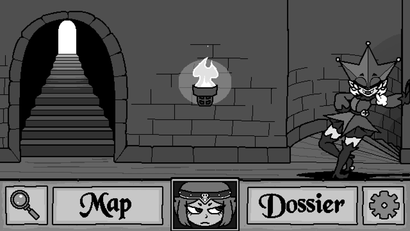 The tower exploration screen shows stairs, a torch and Map, Dossier and settings controls.