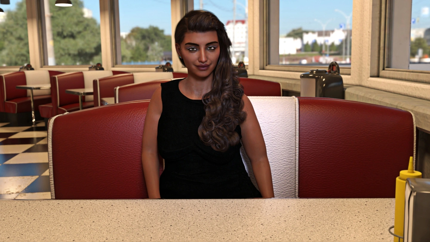 Eine dunkelhaarige Frau sitzt dem Betrachter gegenüber in einer sonnigen Sitznische eines Diners.