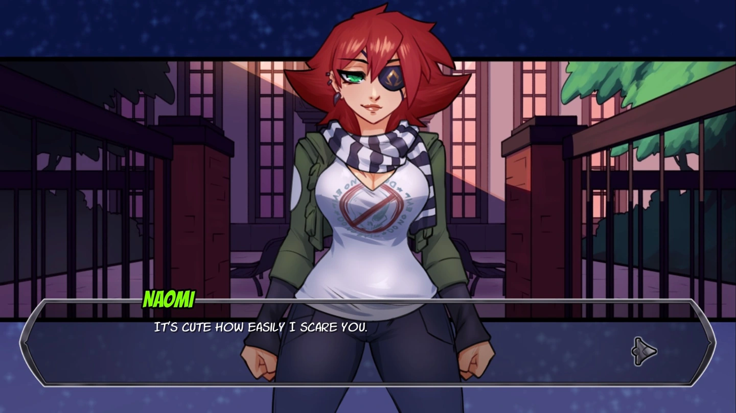 Naomi, habillée, se tient devant une entrée à grille, derrière une réplique taquine évoquant l'idée d'effrayer le protagoniste.