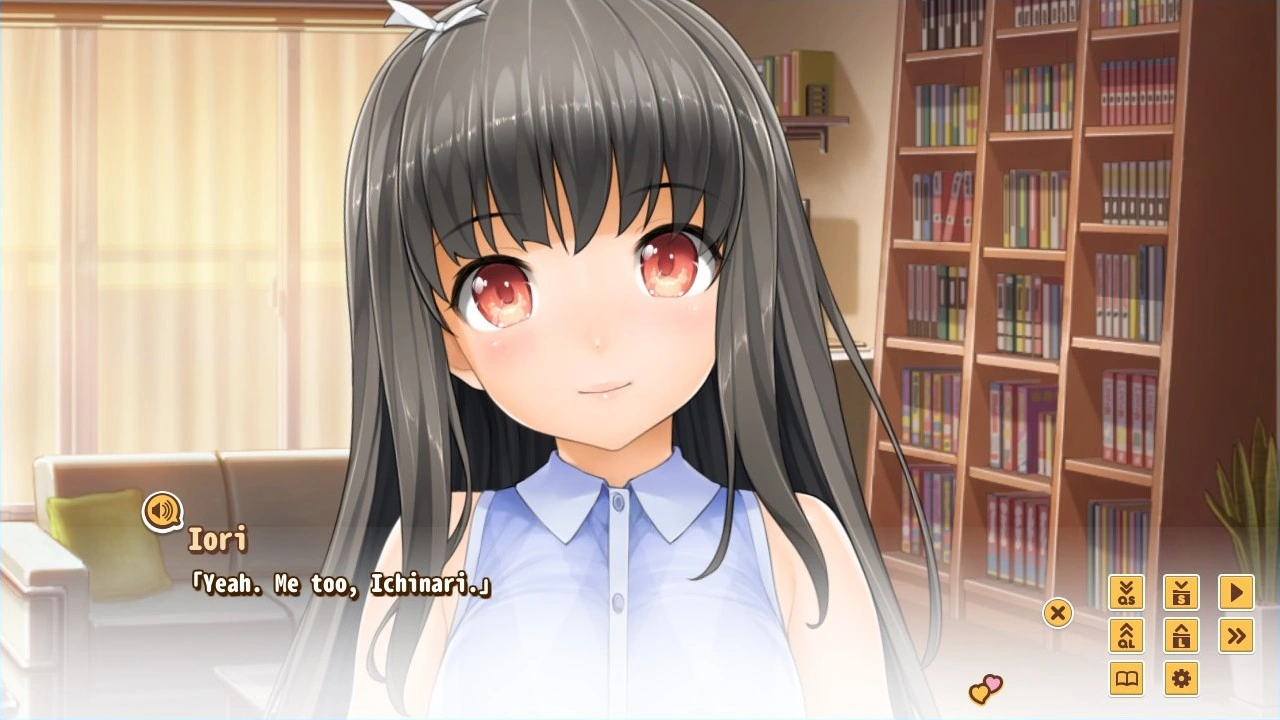 Iori smiles in a book-lined room, with voiced dialogue and reading controls visible.