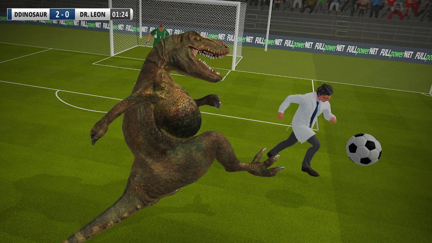 Una dinosaura e Dr. Leon in camice bianco inseguono un pallone da calcio sotto un tabellone che segna due a zero.
