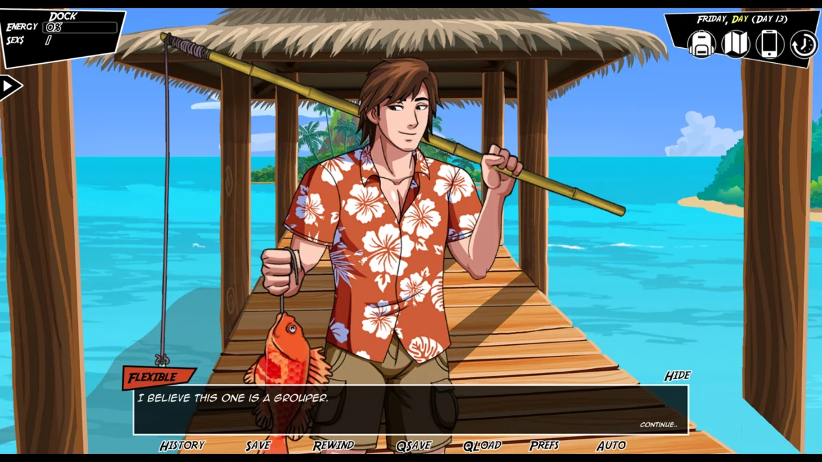 Jeff parle sous un abri au bord de la mer, avec du matériel de pêche sur lui.