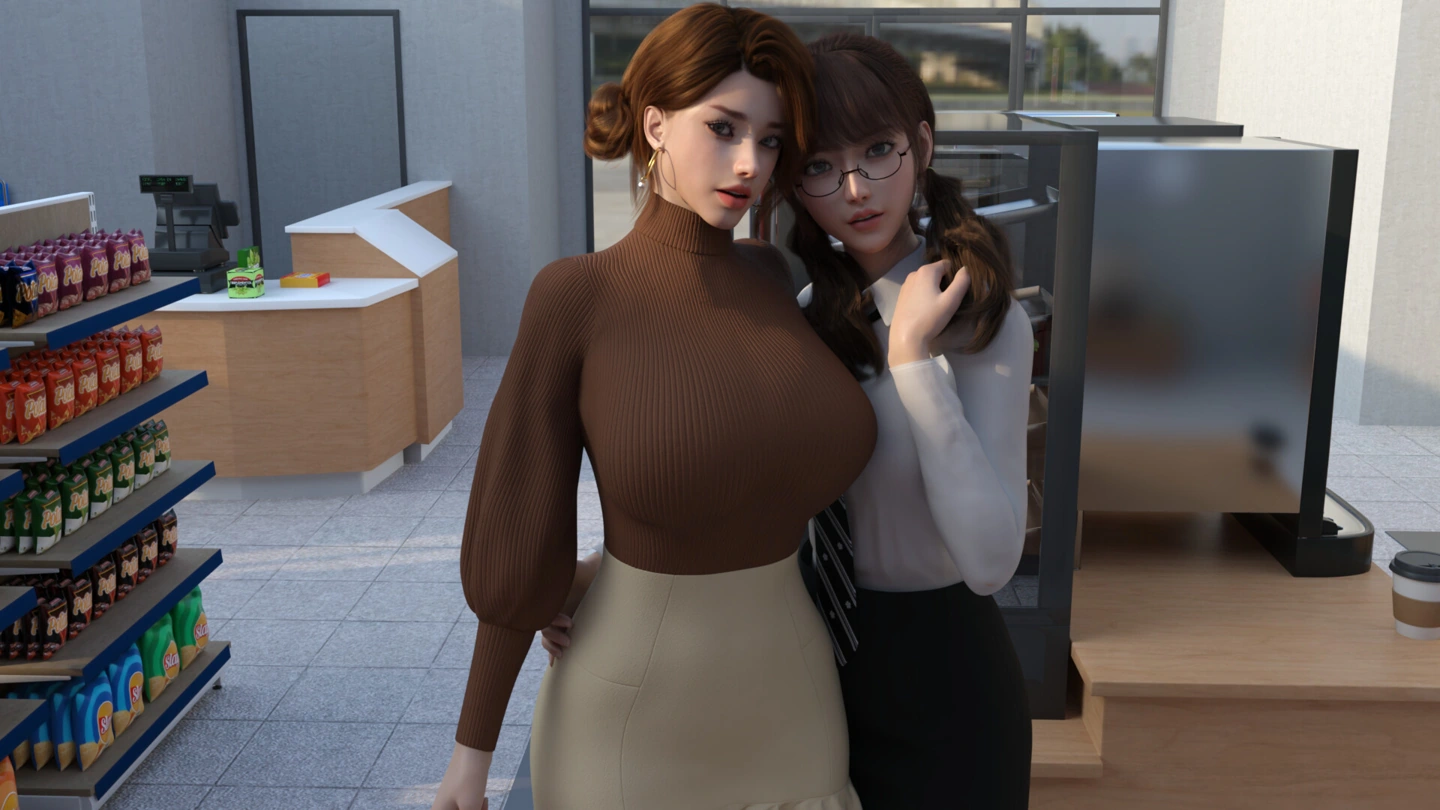 Duas mulheres, uma de suéter marrom e outra de blusa branca, se abraçam ao lado do balcão de uma loja.