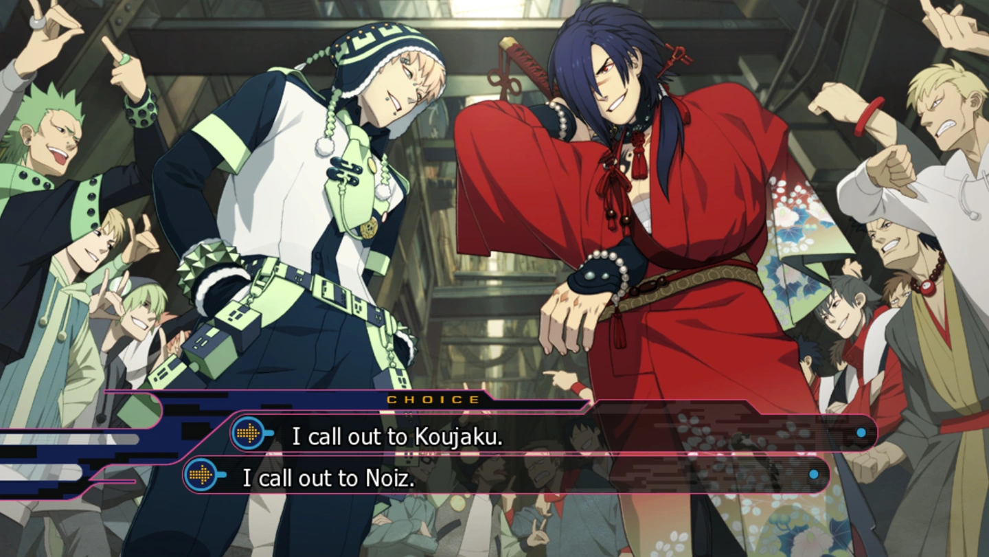 Koujaku and Noiz stand amid their groups above choices to call out to either man.