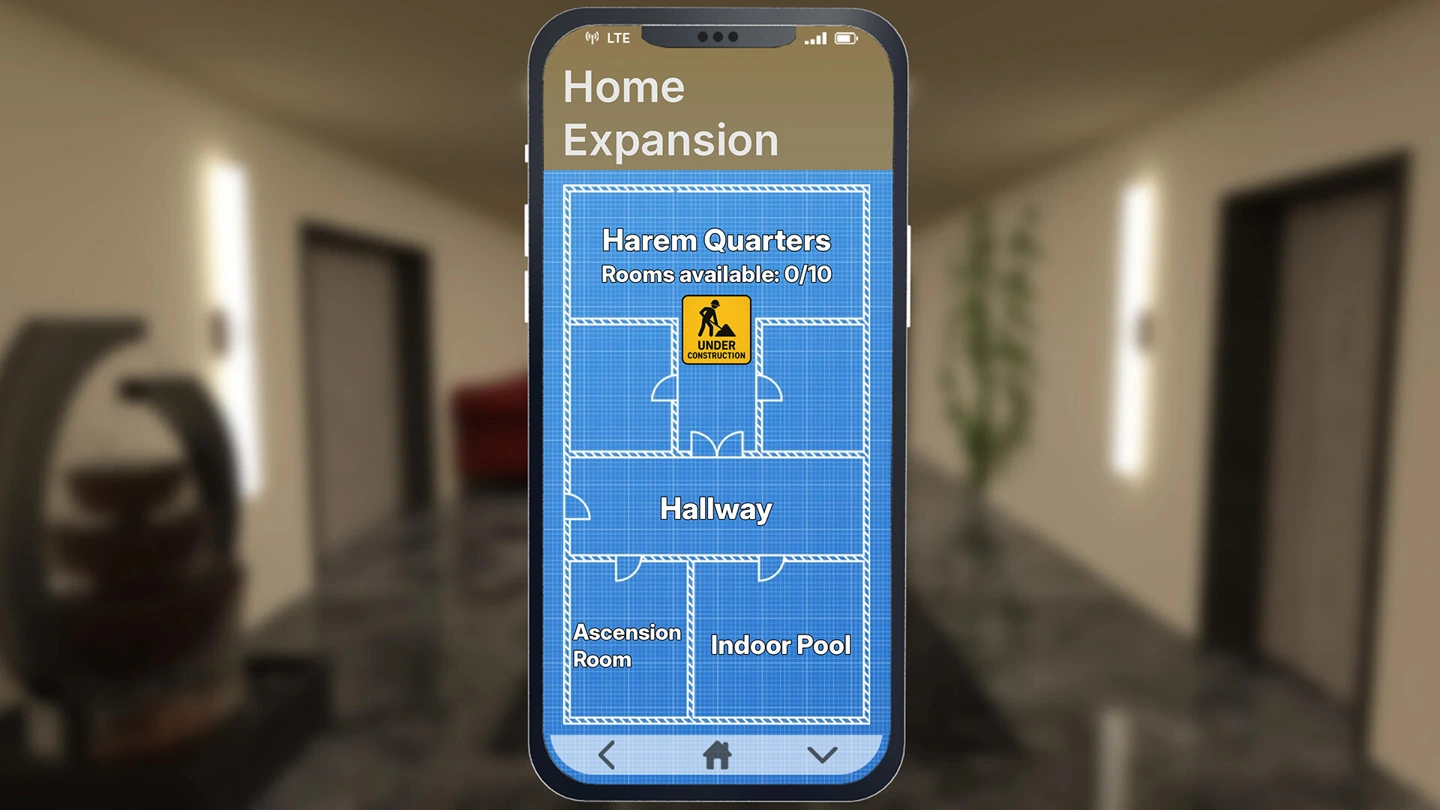 The phone's Home Expansion screen shows a floor plan, zero of ten harem rooms available and an under-construction icon.