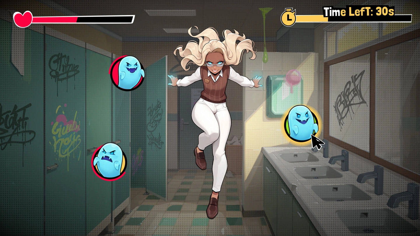A blonde character in glasses, a brown vest and white trousers lunges forward in a timed minigame with ghost targets and a heart gauge.
