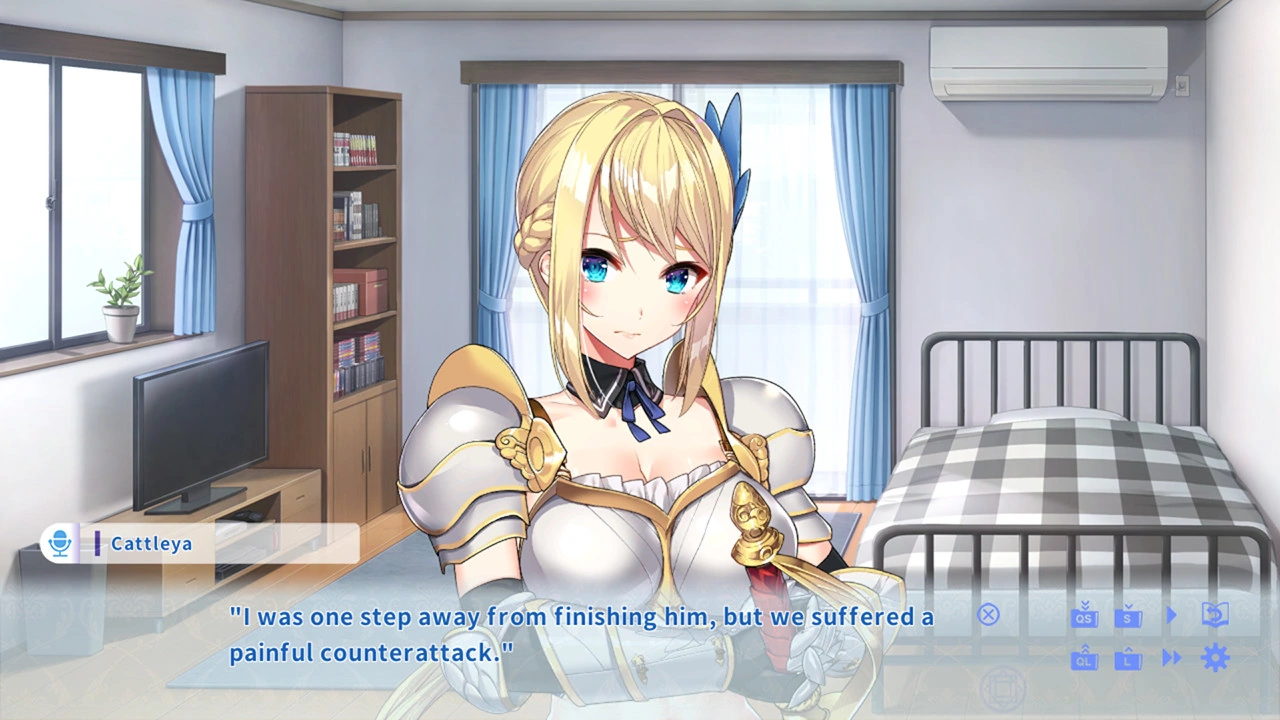 Cattleya explicando uma batalha em uma cena de diálogo no quarto, com os controles de leitura visíveis.