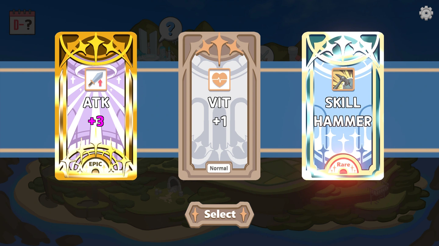 Three upgrade cards offer attack, vitality and a hammer skill over a dimmed campaign map.