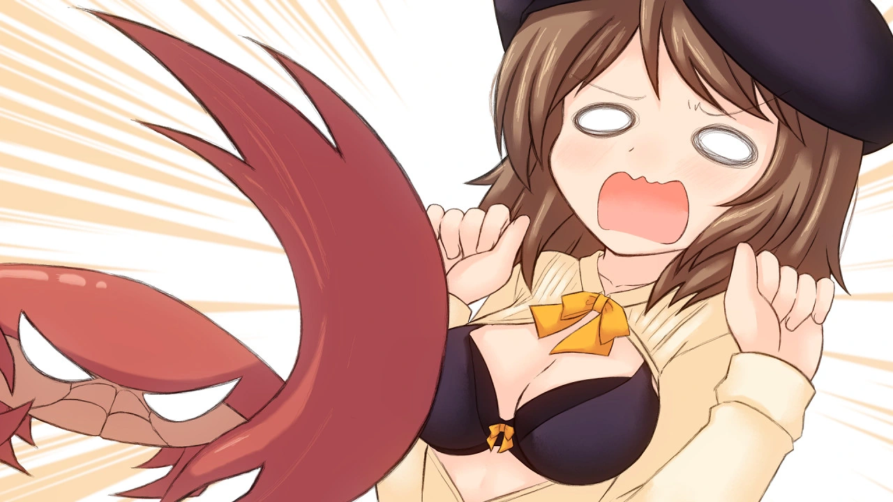 黄色と黒の服を着た茶髪の女性が、コミカルなイラストの中で鳥に反応している。