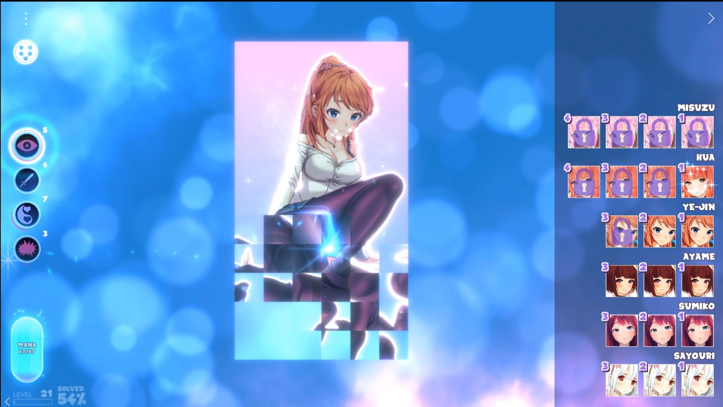 Ye-Jin in einer weißen Bluse auf einem teilweise gelösten Kachelpuzzle, links Mana und Fähigkeiten.