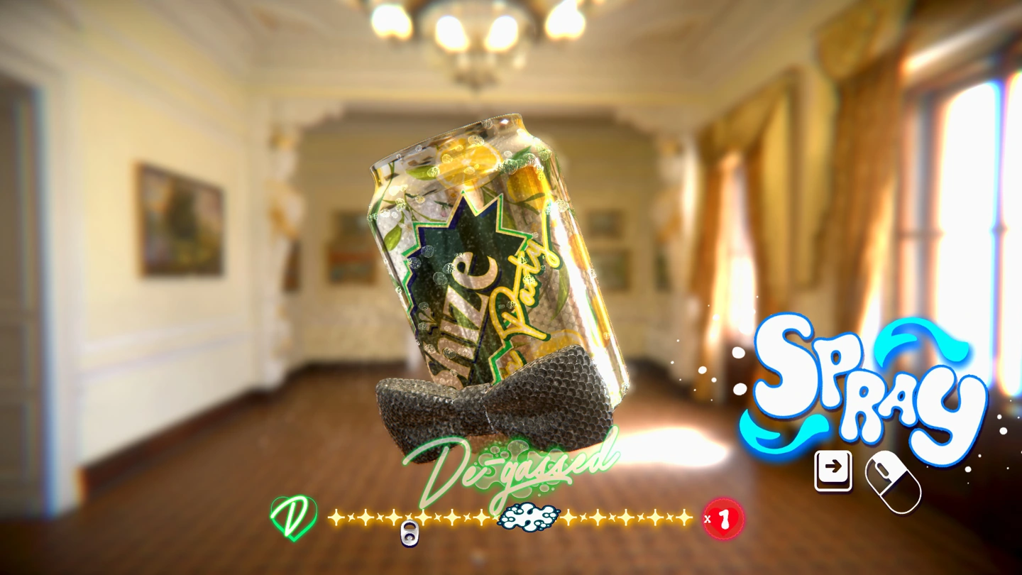 A gold and green soda can wears a bow tie beside a Spray prompt in OnlyCans.