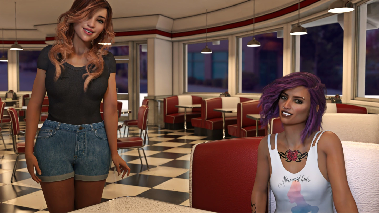 Zwei Frauen unterhalten sich an einer Sitznische im Diner: Eine steht in schwarzem Oberteil und Jeansshorts, die andere sitzt in einem weißen Oberteil.