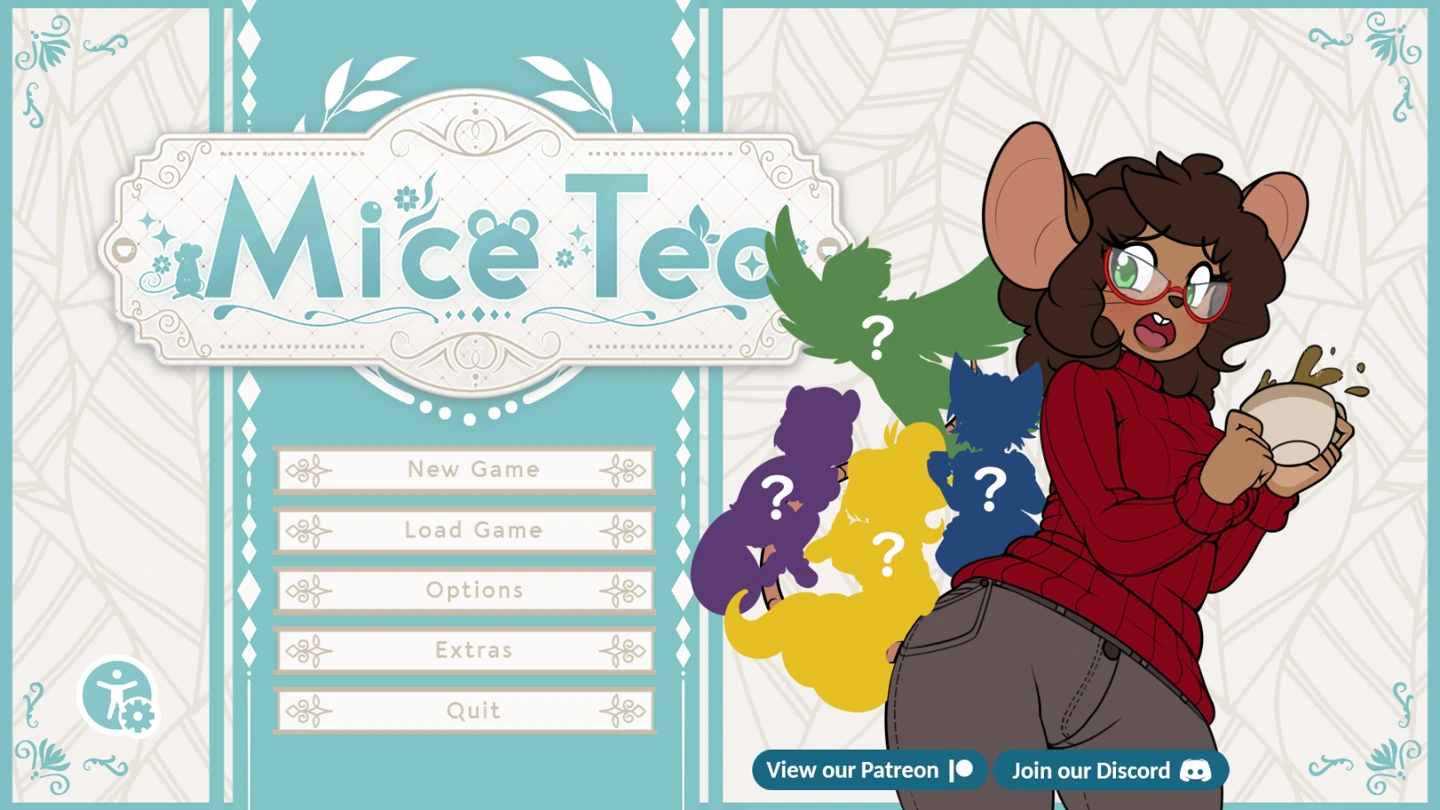 The Mice Tea title menu lists New Game, Load, Options and Extras beside Margaret holding tea.