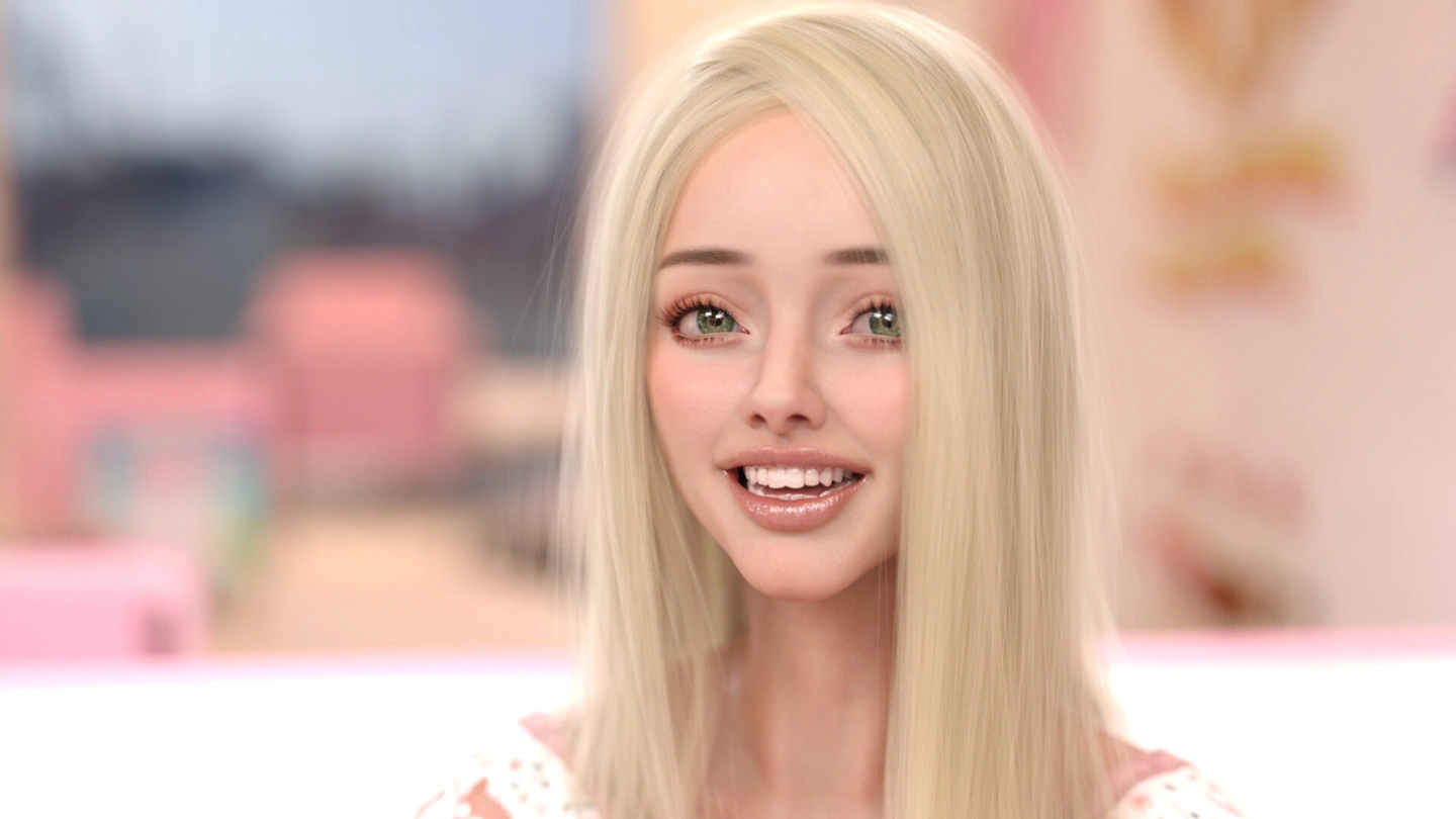 Uma mulher loira sorri em um retrato em close, com seu top branco e rosa visível.