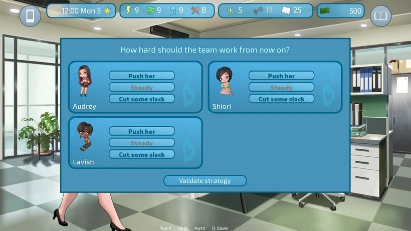 Love & Sex: Second Base’s office-team menu offers Push her, Steady or Cut some slack for Audrey, Shiori and Lavish.