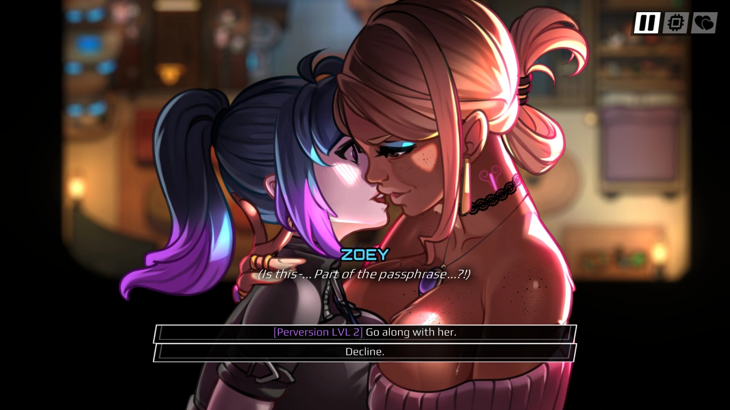 Two covered women kiss in a close illustrated scene above choices to go along or decline.