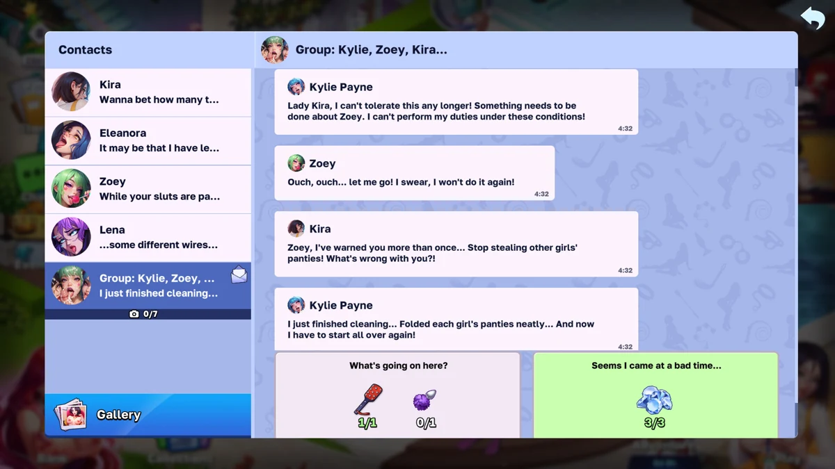 Il servizio di messaggistica del gioco mostra contatti e una conversazione di gruppo.