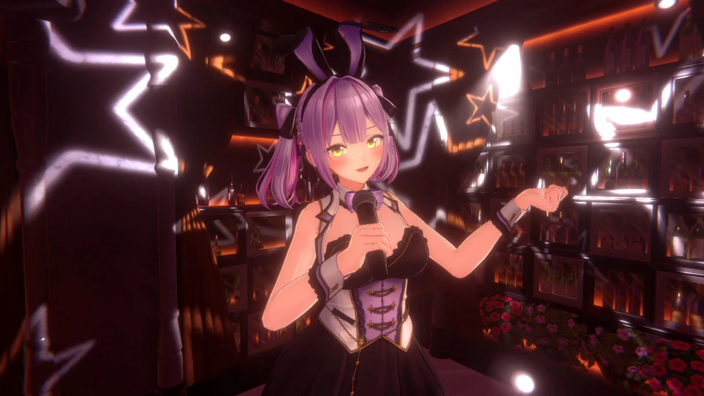A purple-haired hostess in a bunny outfit singing into a microphone beneath star-shaped stage lights.