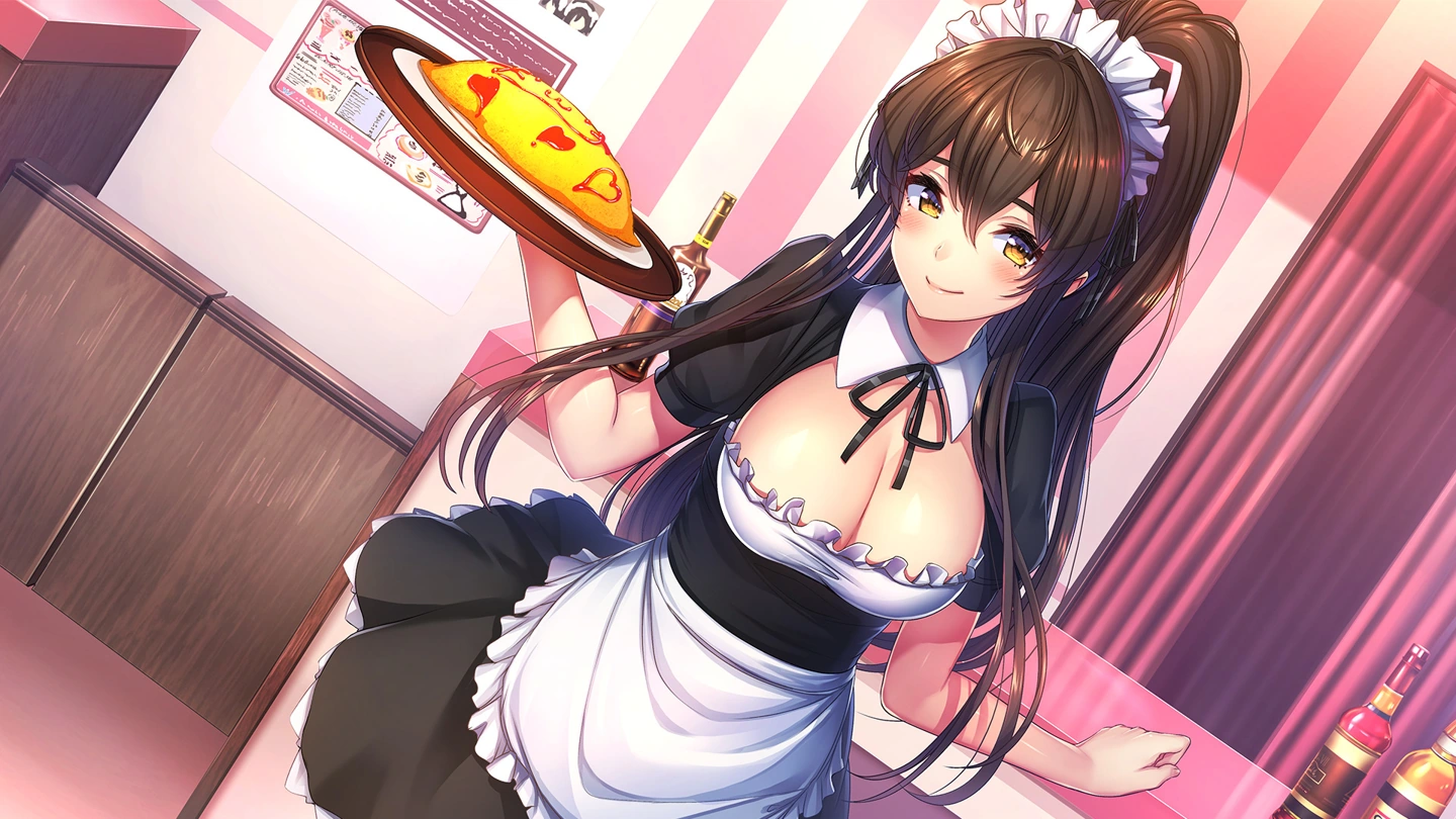 Sumire wears a maid outfit and holds a plate with an omelet in a pink café.