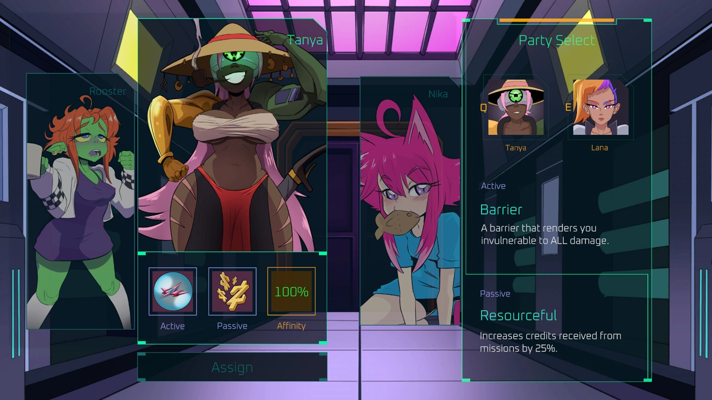 Tanya’s crew selection panel showing 100% affinity, with Tanya and Lana selected and active and passive abilities listed.