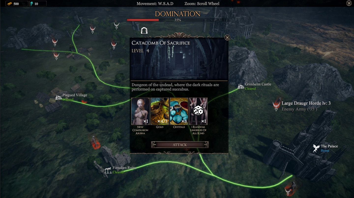 O mapa Domination exibe a missão Catacomb of Sacrifice com uma companheira, ouro, cristais e lingerie como recompensas.