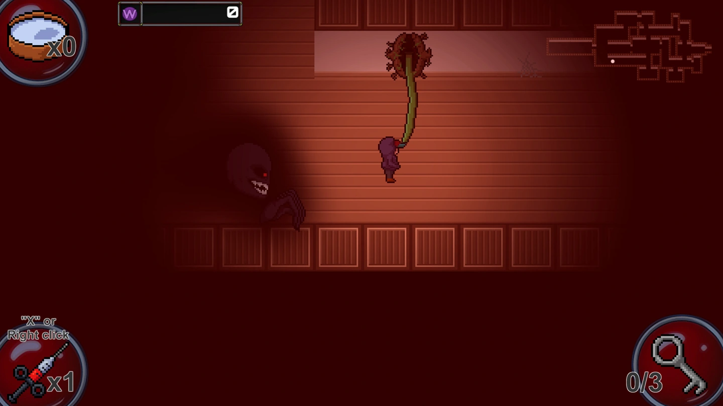 Un petit sprite de joueur explore un labyrinthe rouge sombre en pixel art, avec un indicateur de clés et des monstres.