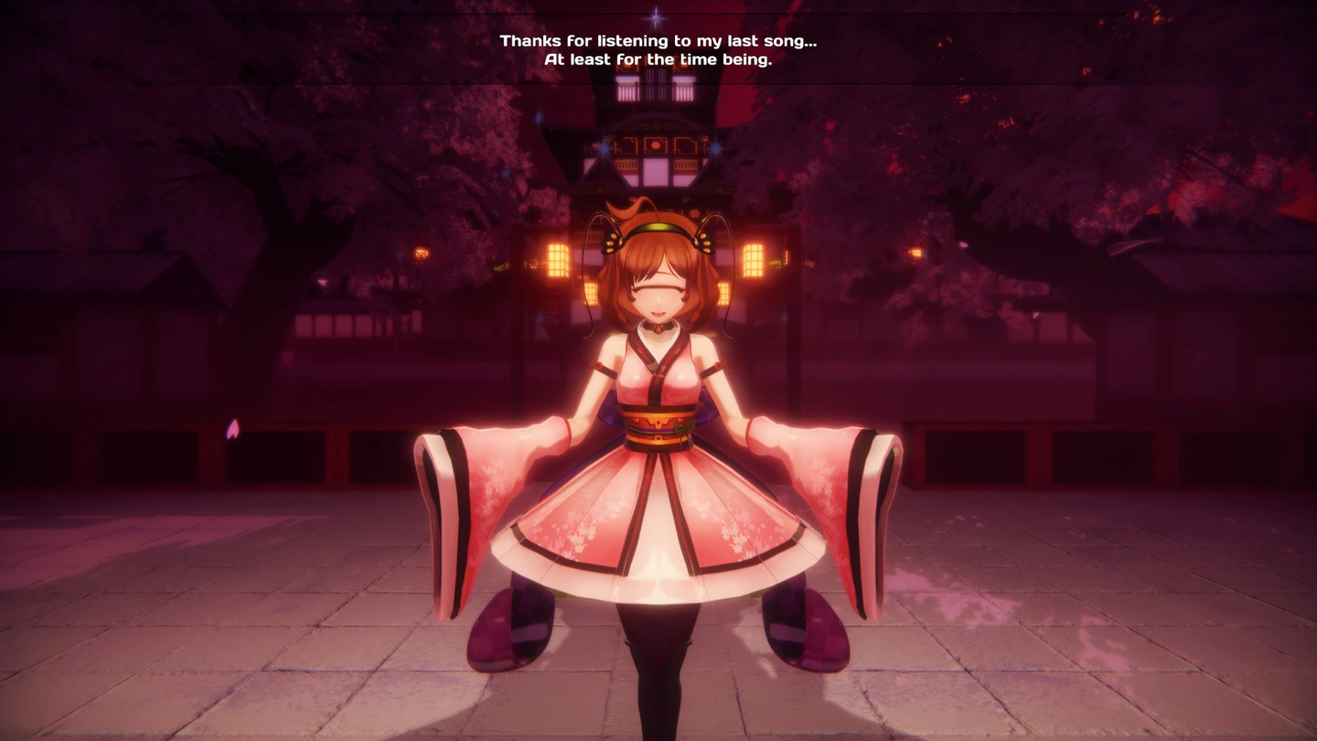 Une femme aux cheveux orange en kimono rose parle près d'un temple illuminé et d'arbres roses.