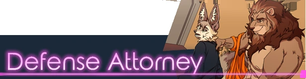 La bannière de l'histoire Defense Attorney montre un personnage lapin en costume à côté d'un lion musclé en tenue de prison orange.