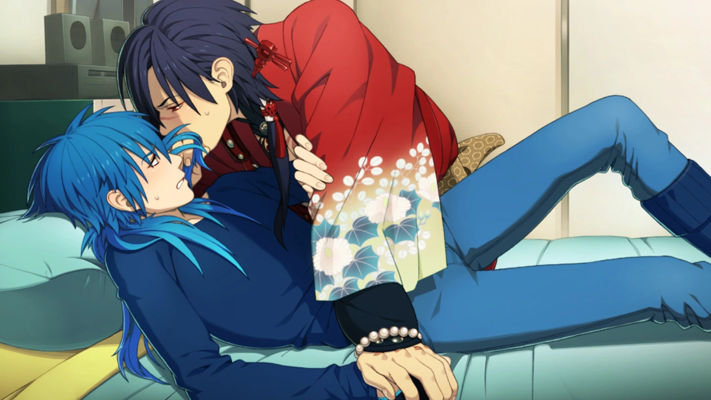 Koujaku leans closely toward Aoba on a sofa in an illustrated scene.