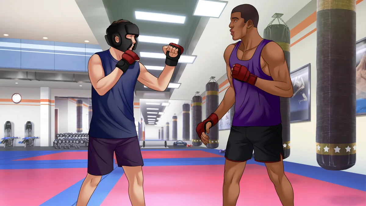 Two clothed characters training at a boxing gym.