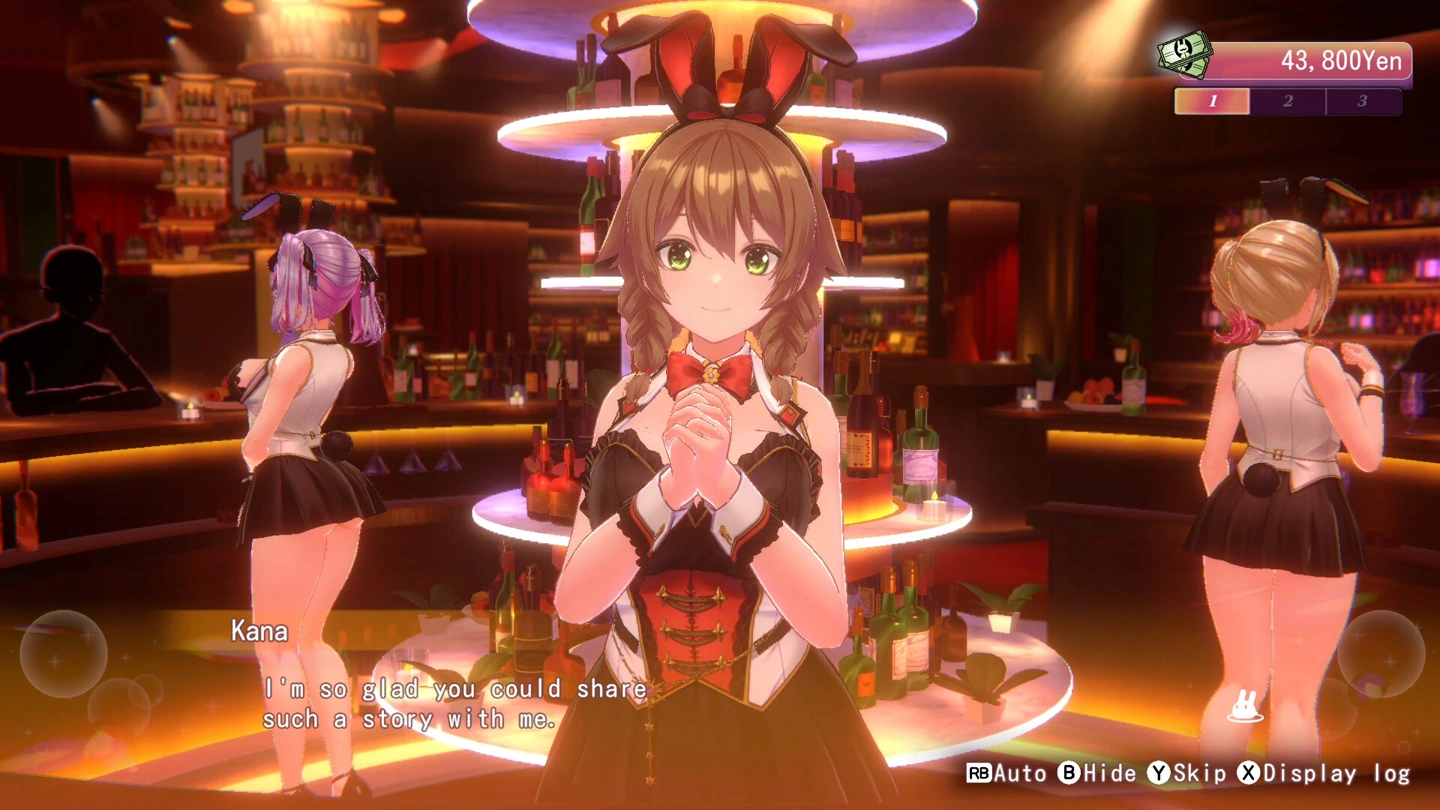 Kana smiling at the bar and saying she is glad the protagonist shared a story with her.