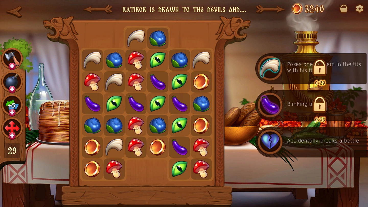 A match-three board with different locked story outcomes and consumable boosts.