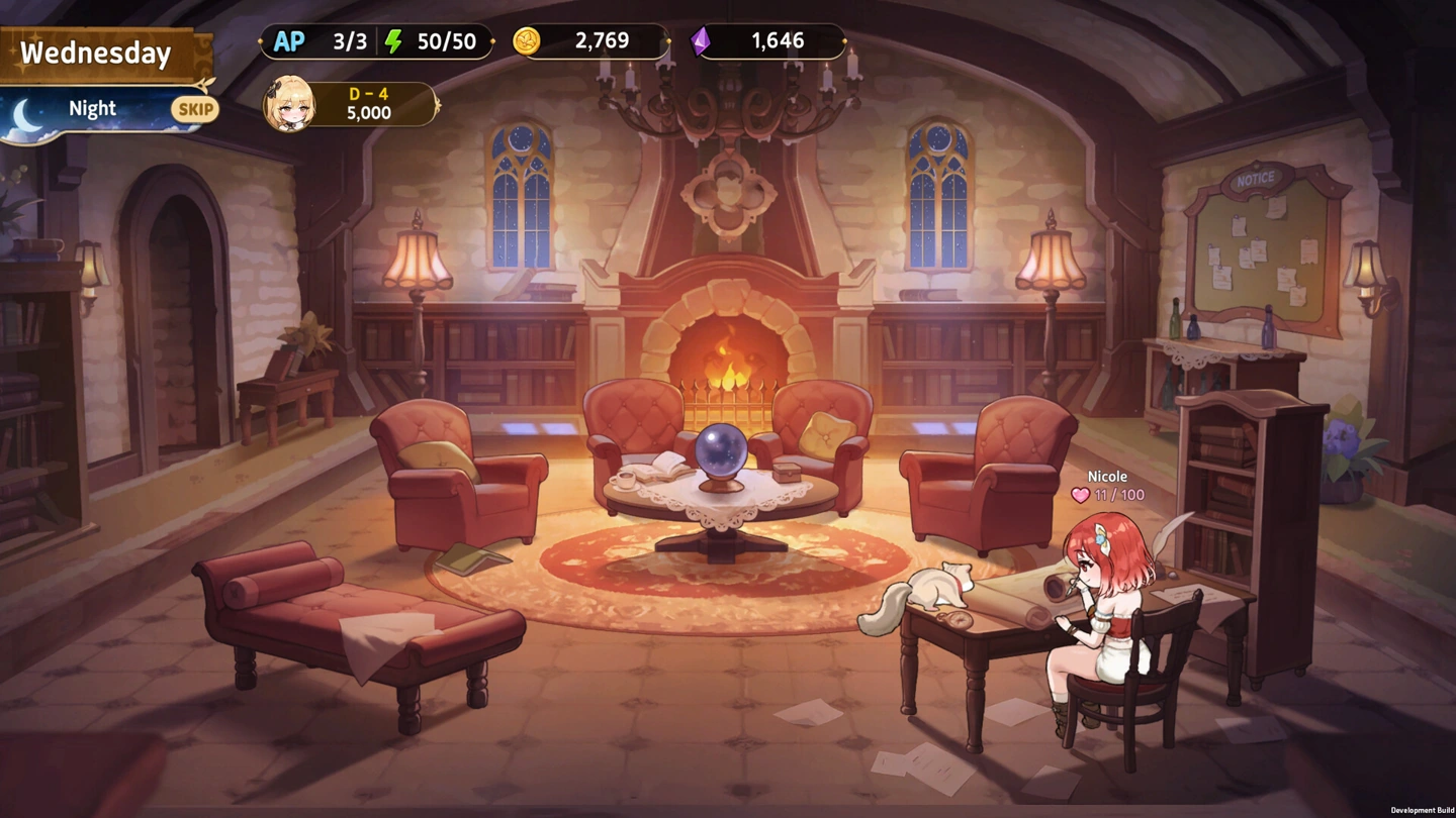 Una Nicole chibi vestita siede vicino a un tavolo in un salotto illuminato dal fuoco, accanto ai contatori di tempo e affetto, con la dicitura Development Build.