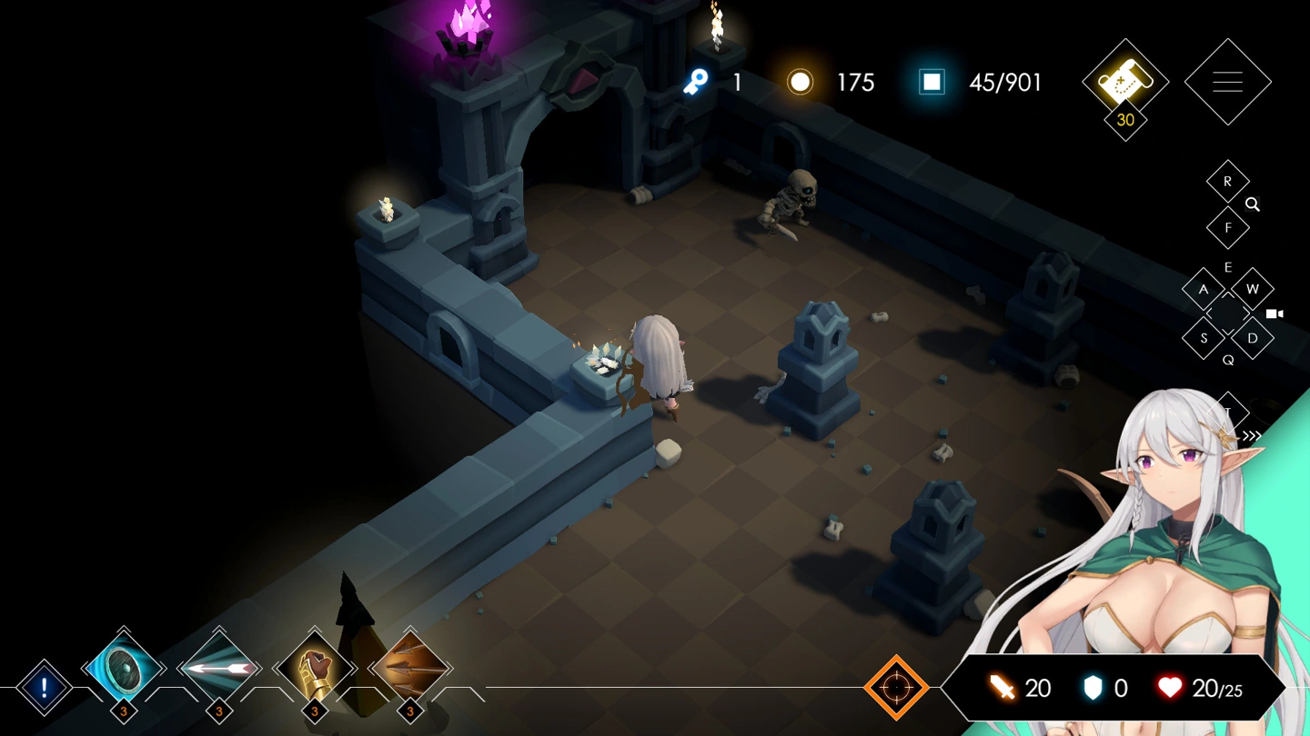 Shunral approaches a skeleton in a stone dungeon while her clothed illustrated portrait fills the corner.