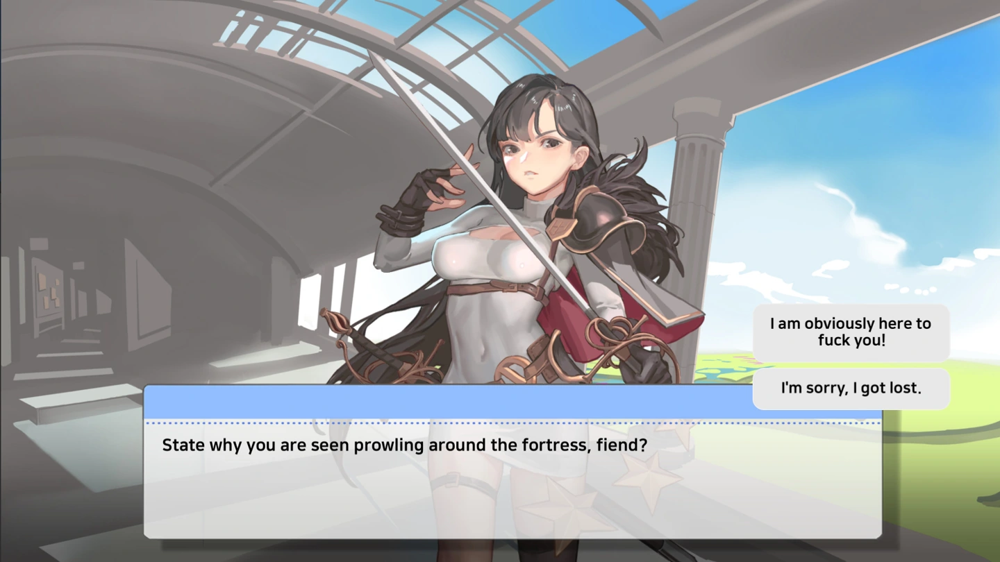 An armored swordswoman speaks in a fortress colonnade beside two blunt dialogue choices.